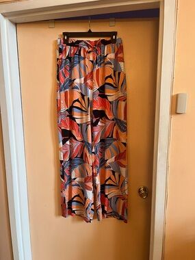 Wide Leg Printed Palazzo Pants - Multicolor Leaf Pattern